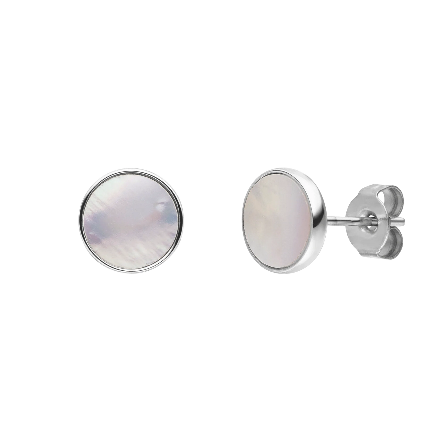 HOMME LA PEARLA | Silver Stainless Steel 8MM Round White Mother of Pearl Shell Stud Earrings